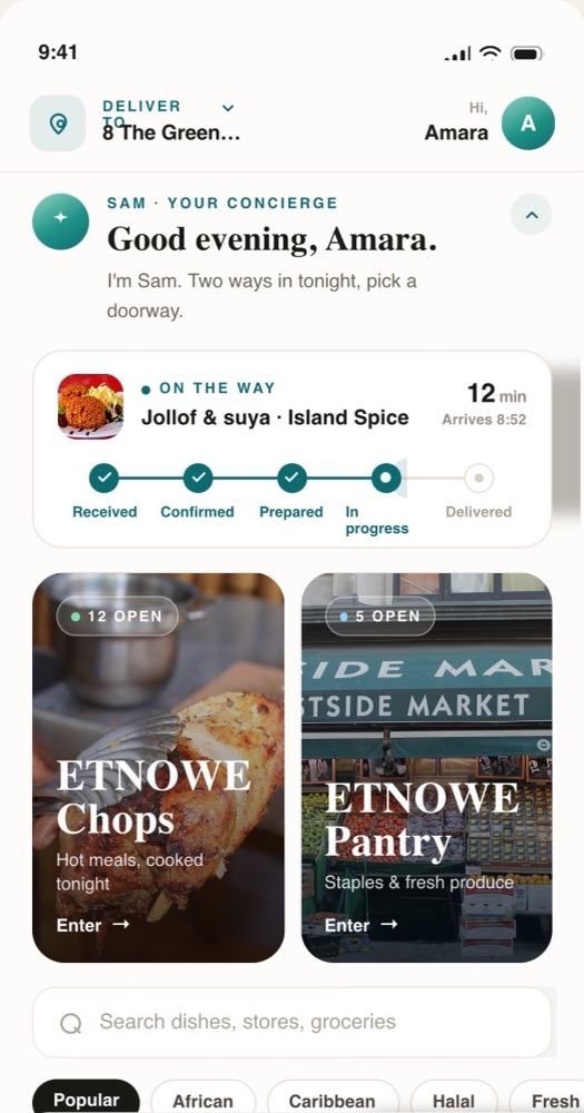 ETNOWE customer app home screen: Sam the concierge greets Amara, a live order tracker shows Jollof and suya arriving in 12 minutes, and two doorways lead to Chops and Pantry