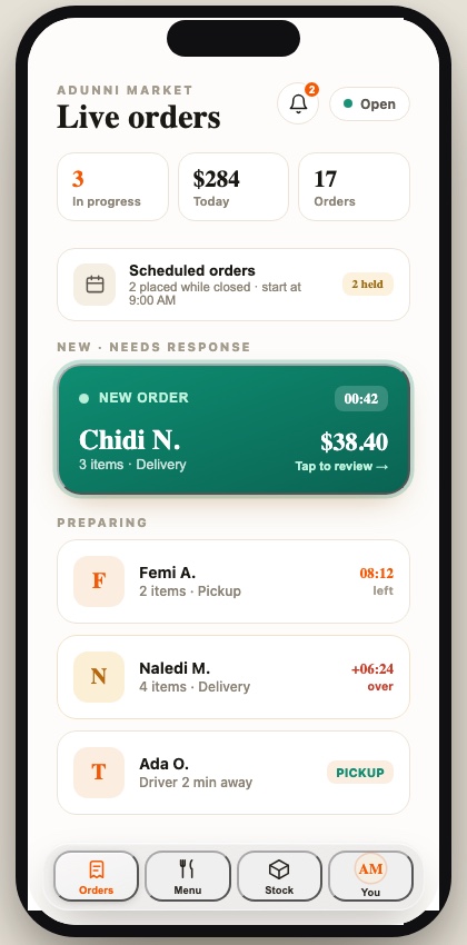 ETNOWE merchant app live orders screen: today's sales, a new order needing response with a countdown, and orders being prepared
